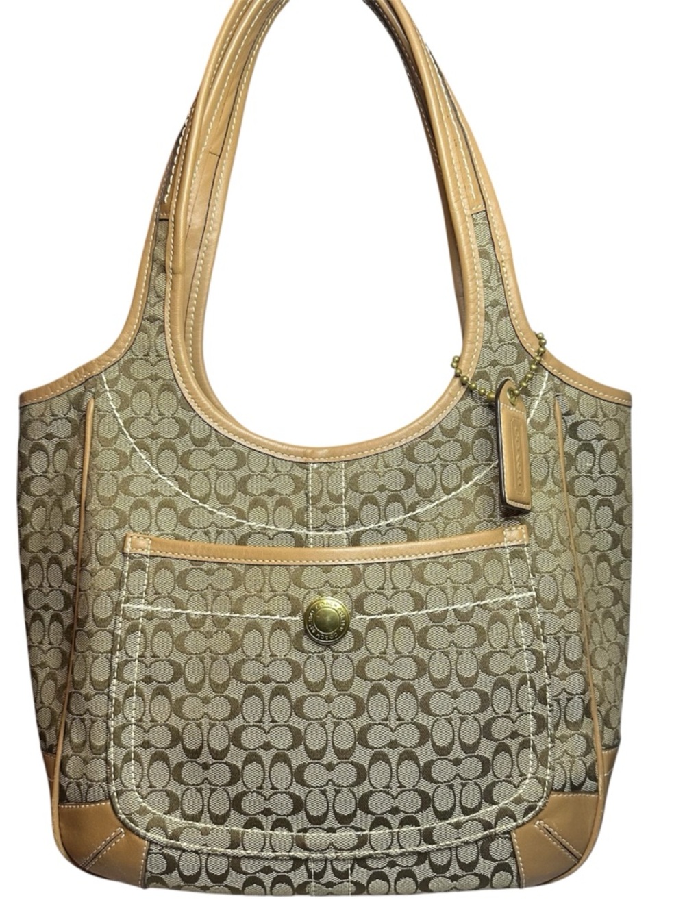 Rare Coach Xl Ergo Khaki Signature mini C’s Jacquard Hobo Tote Caramel Leather